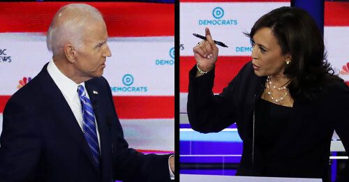 Sen. Kamala Harris (D-Calif.), right, pushed former Vice President Joe Biden to talk about his past stance on busing.