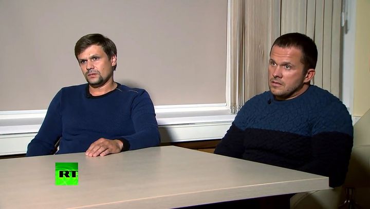 Alexander Petrov (L) and Ruslan Boshirov, suspected of poisoning former GRU officer Sergei Skripal and his daughter Yulia in Salisbury, United Kingdom in March 2018, give an interview to the RT news channel.