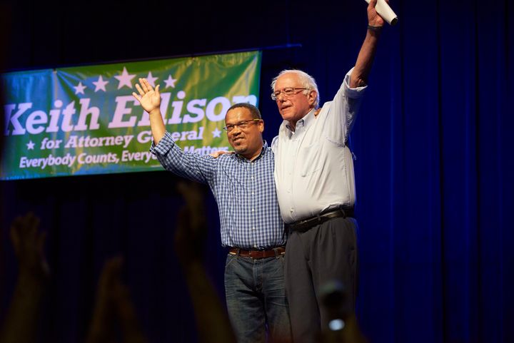 Sen. Bernie Sanders (I-Vt.) campaigns for then-Rep. Keith Ellison in July during Ellison's bid for Minnesota attorney general. The two progressives are longtime allies.