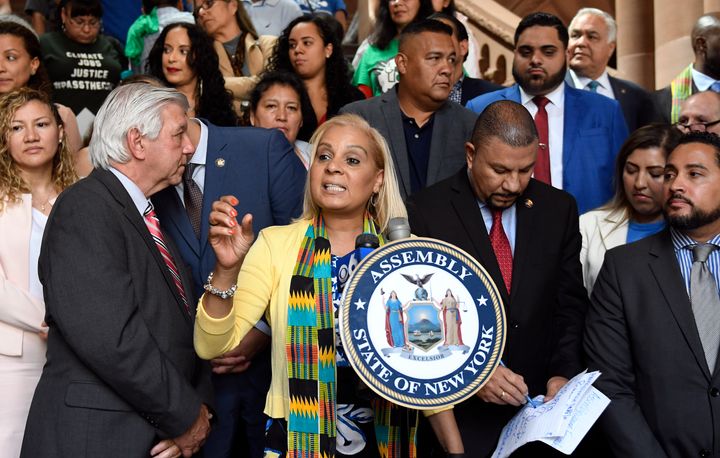 New York Assemblywoman Maritza Davila, center, urges state senators to pass the Green Light Bill granting undocumented immigrants access to driver's licenses, during a June 17 rally in Albany, N.Y. Despite hesitation from some Democrats, the bill passed and was signed the next day.