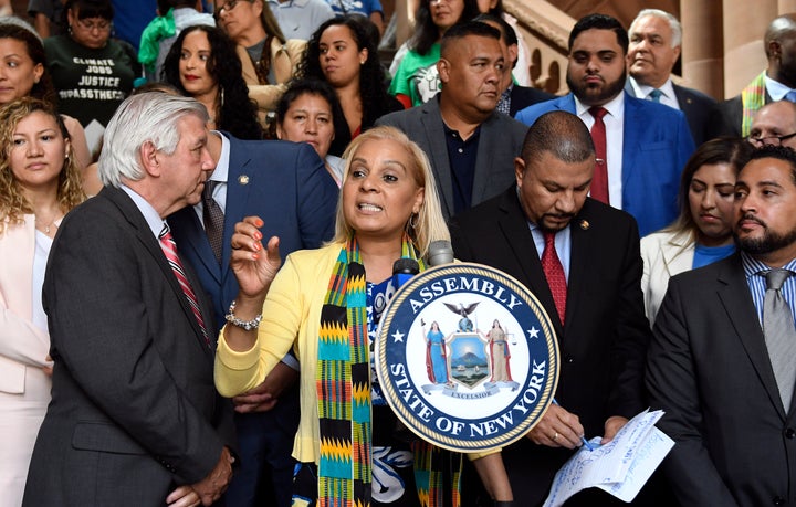 New York Assemblywoman Maritza Davila, center, urges state senators to pass the Green Light Bill granting undocumented immigrants access to driver's licenses, during a June 17 rally in Albany, N.Y. Despite hesitation from some Democrats, the bill passed and was signed the next day.