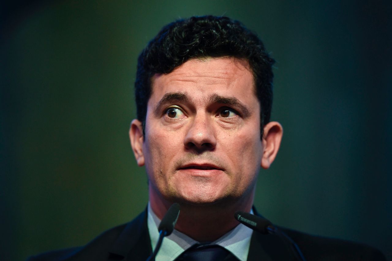 Brazilian Judge Sergio Moro delivers a speech at a conference in Estoril, on the outskirts of Lisbon, on May 30, 2017.