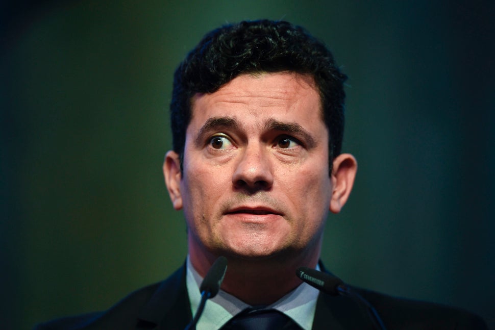 Brazilian Judge Sergio Moro delivers a speech at a conference in Estoril, on the outskirts of Lisbon,...