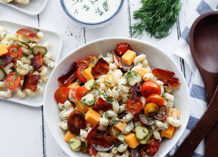 Dill Pickle Potato Salad with Grilled Sausages - The Weary Chef