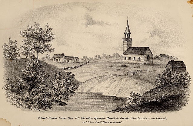 An engraving of the Mohawk Chapel near the Grand River in what's now Brantford, Ont. The engraving was in a book by Nahneebahweequay's uncle and reverend Peter Jones published in 1861.