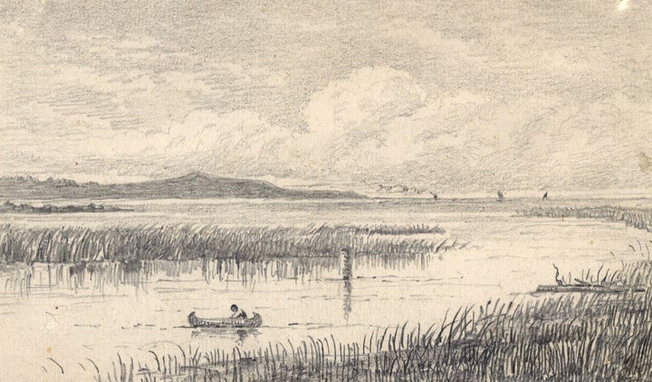 The outlet of the Pottawatomi River in Owen Sound to Lake Huron sketched in 1874 by George Harlow White.