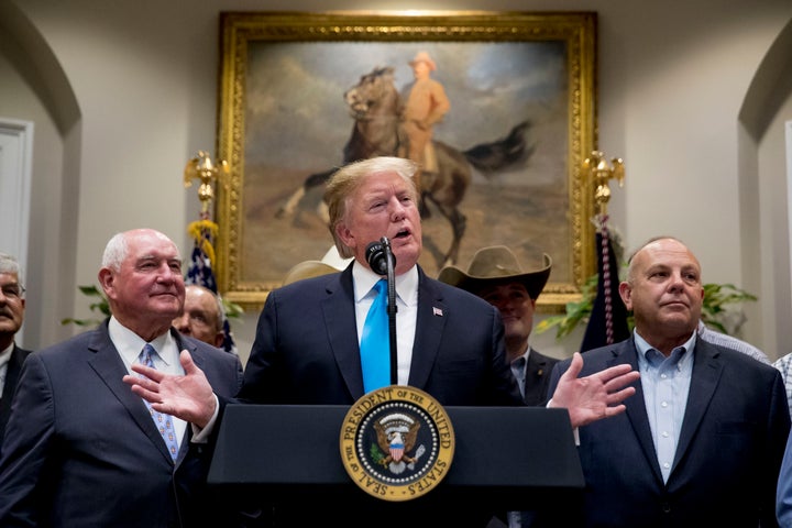 President Donald Trump, accompanied by Agriculture Secretary Sonny Perdue, left, speaks at a White House meeting on May 23.