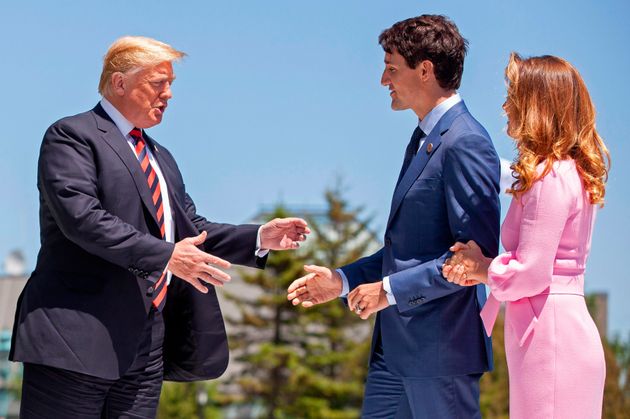 President Donald Trump greeted by Prime Minister Justin Trudeau and his wife Sophie Gregoire Trudeau...