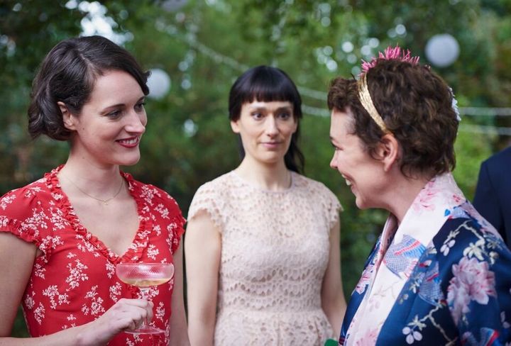 Phoebe with her on-screen sister and stepmother, Sian Clifford and Olivia Colman