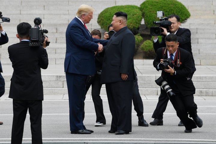 President Donald Trump and dictator Kim Jong Un share a handshake on the North Korean side of the border with South Korea on Sunday.