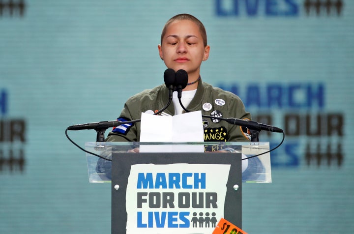 Emma González, a survivor of the mass shooting at Marjory Stoneman Douglas High School in Parkland, Florida, closes her eyes and cries while speaking at the 2018 March for Our Lives rally in support of gun control in Washington.