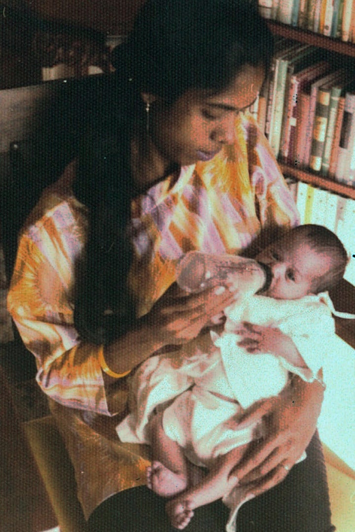 In this undated photo provided by the Kamala Harris campaign in April 2019, Shyamala Gopalan Harris, 25, holds her baby, Kamala.