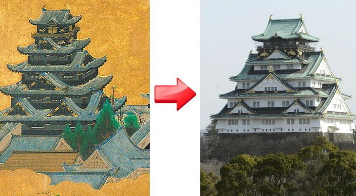 「大坂夏の陣図屏風」に描かれた豊臣期の天守閣（左）と、現在の大阪城天守閣