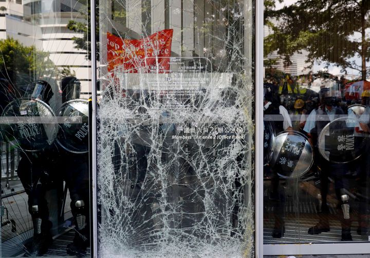The cracked glass wall of the Legislative Council after protesters try to break into the Hong Kong legislature.