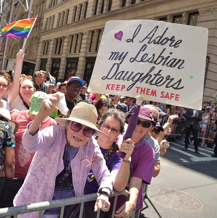 Frances Goldin, 95, has been attending the Pride march in New York for more than 30 years, holding the same sign, which reads, "I adore my lesbian daughters. Keep them safe."