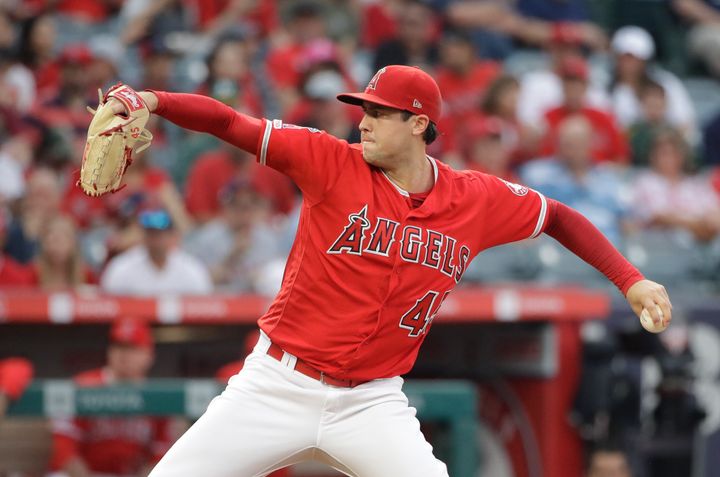 Tyler Skaggs throwing to the Oakland Athletics during the first inning of a baseball game on Saturday.