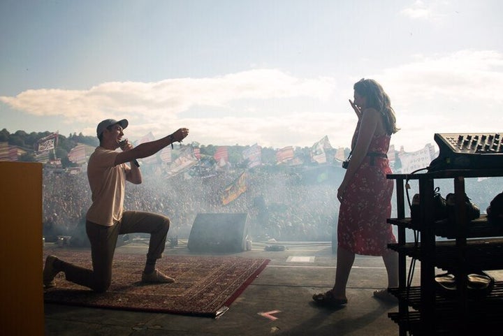 Adam (left) and Ellie (right) got engaged on Sunday at Glastonbury.