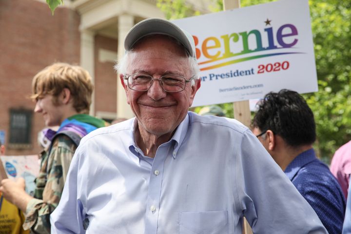 Sen. Bernie Sanders (I-Vt.) attends the Pride Parade in Nashua, N.H., on Saturday. He no longer leads the pack in fundraising.