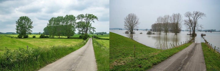 An area along the Ijssel river near Zutphen. Water levels are low in the summer (left) and high in the winter (right).