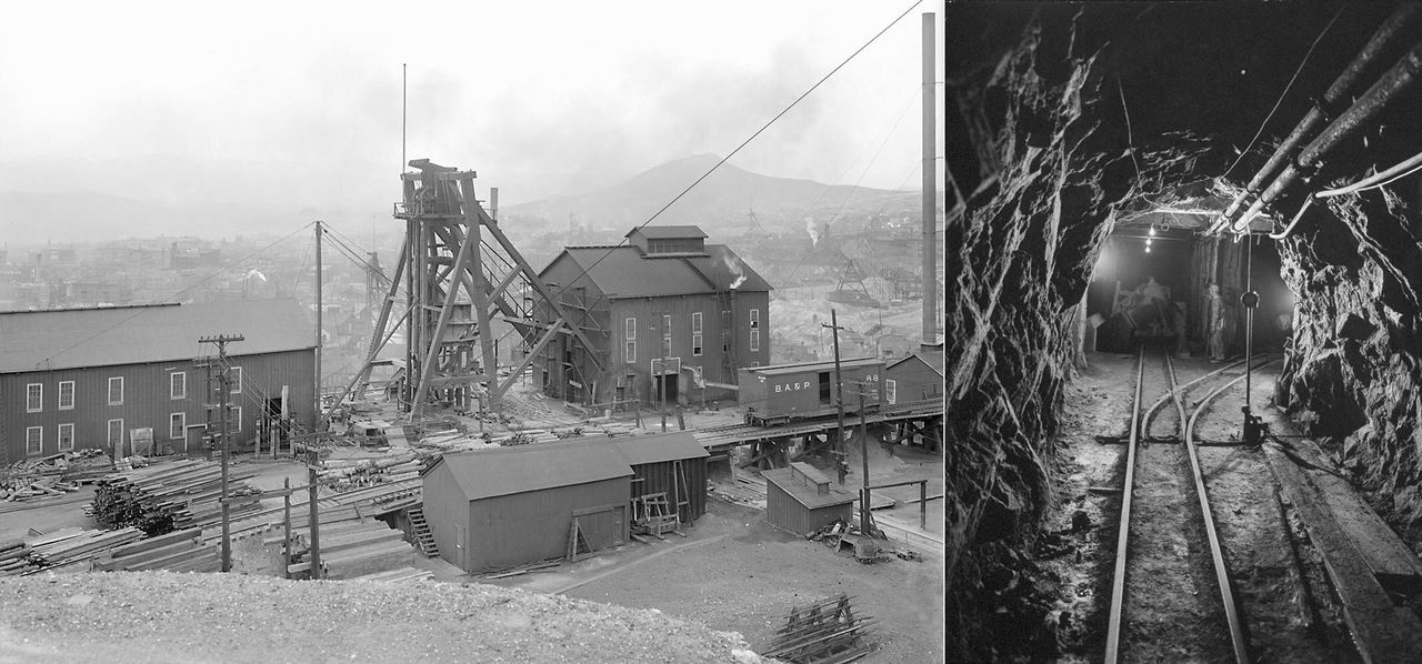 Left: Overview of the Anaconda Copper Mine operation in Butte, Montana, in the early 20th century. Right: Anaconda copper mine in November 1950.