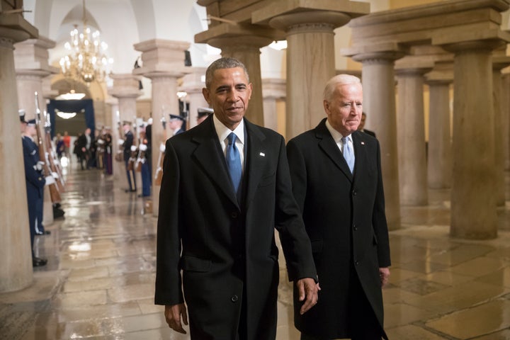 Obama and then-Vice President Joe Biden walk through the Capitol on their way to attend Donald Trump's inauguration ceremony on Jan. 20, 2017.