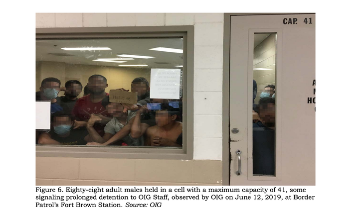 Eighty-eight adult males held in a cell with a maximum capacity of 41, some signaling prolonged detention to inspectors from