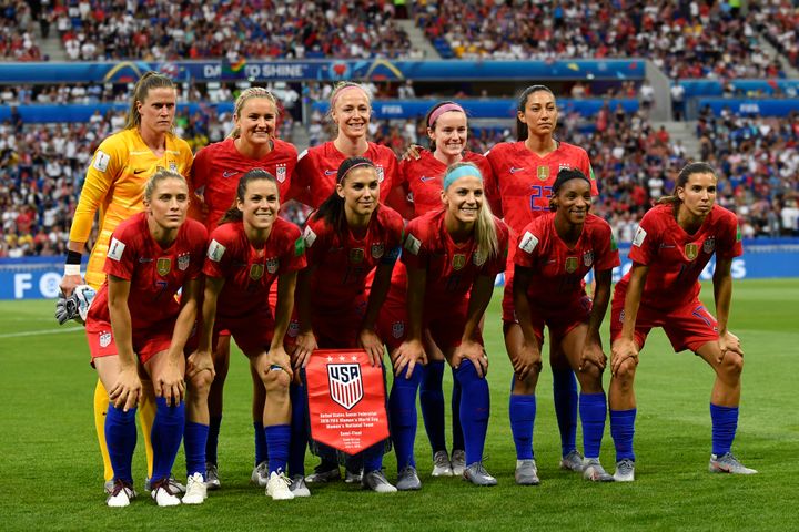 The USA Squad poses for team photo during the 2019 FIFA Women's World Cup Semi match between England and USA on July 2, 2019, in Lyon, France.