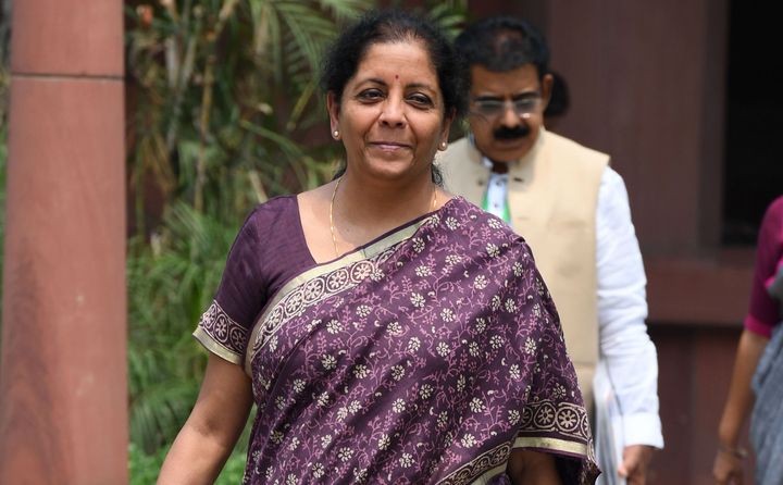 Finance Minister Nirmala Sitharaman walks to the Parliament in New Delhi on July 2, 2019. 