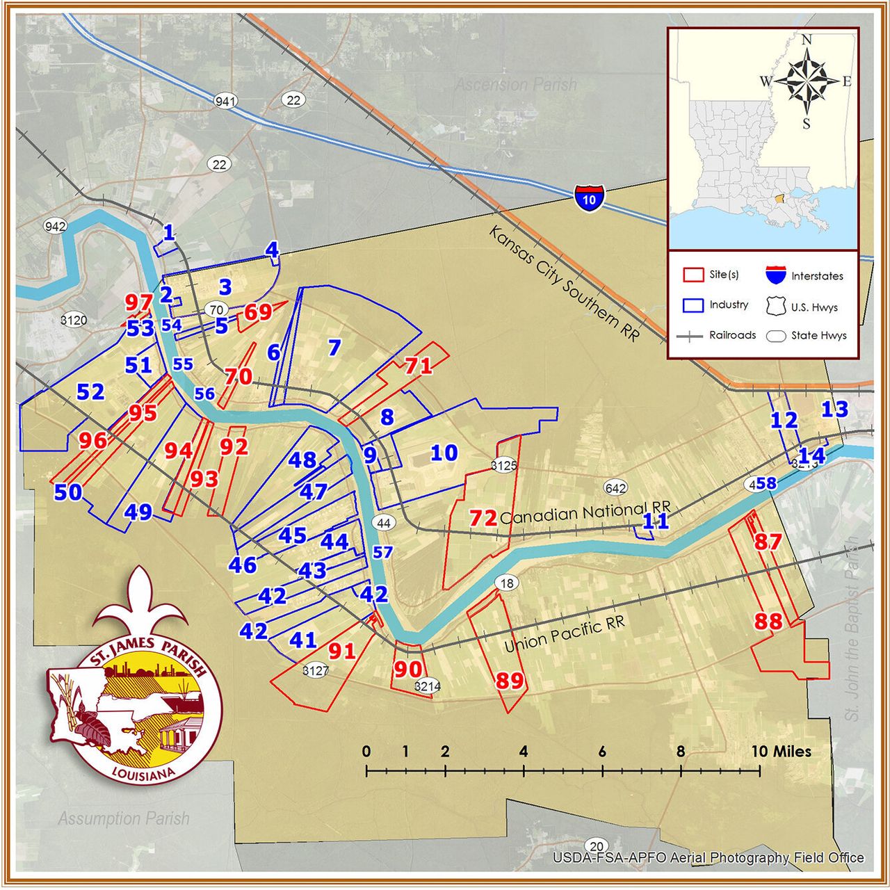This map shows sites in blue where gas, oil, chemical and agricultural facilities are located in St. James Parish. Plots available for sale and marketed by the Port of South Louisiana are shown in red. Formosa has purchased sites 49 and 50 for its planned petrochemical complex.