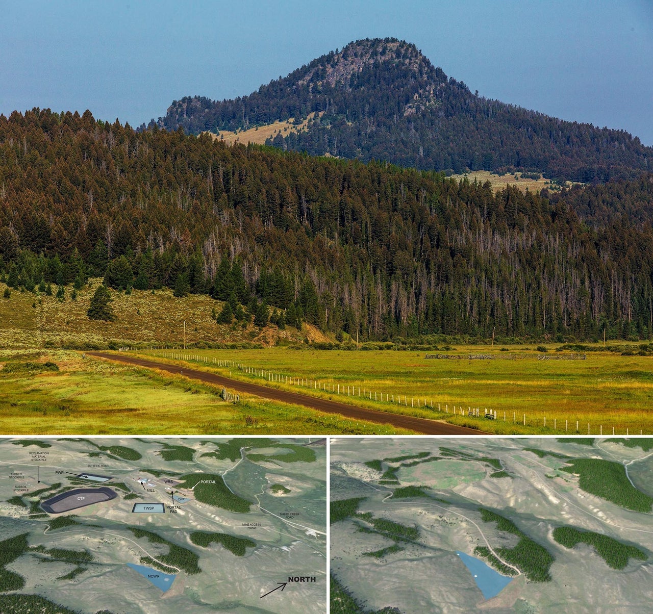 Top: A picture of the project site and Black Butte, the feature for which the proposed mine is named. Bottom left: A rendering of what the site will look like during full-scale mining operations. Bottom right: A rendering of what the site will look like after reclamation. 