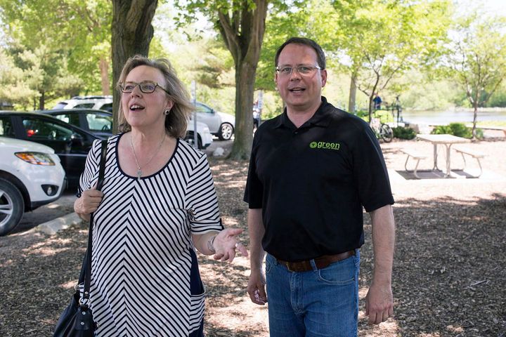Green Party of Ontario Leader Mike Schreiner and federal Green Party Leader Elizabeth May make an announcement in Guelph, Ont. on May 25, 2018.