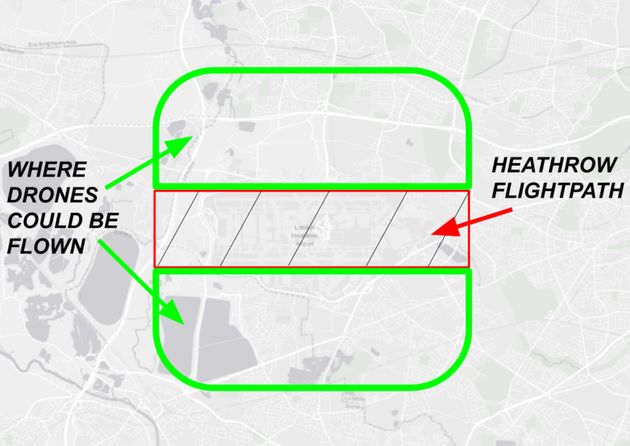 Extinction Rebellion has mapped where it believes it would be best to fly drones near Heathrow. This illustration is based on a map produced by XR. 