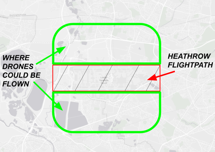 Extinction Rebellion has mapped where it believes it would be best to fly drones near Heathrow. This illustration is based on a map produced by XR. 