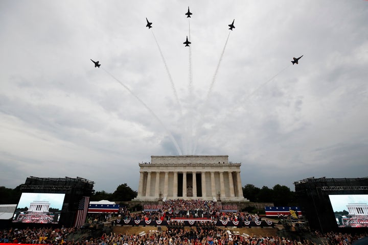 Thursday's event featured flyovers from various military aircraft, including a B-2 stealth bomber and a new version of the Marine One helicopter.