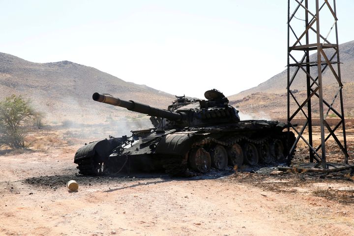 A destroyed and burnt tank, that belongs to the eastern forces led by Khalifa Haftar, is seen in Gharyan south of Tripoli Libya June 27, 2019.