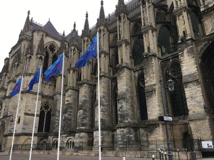 Two public basketball courts located behind the Reims Cathedral were turned into a soccer field.