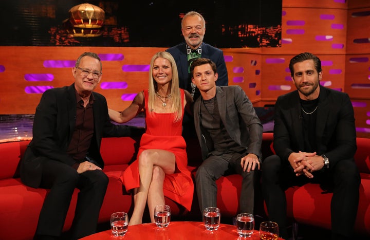 Host Graham Norton with Tom Hanks, Gwyneth Paltrow, Tom Holland and Jake Gyllenhaal during the filming for "The Graham Norton Show" in London. 