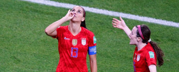 Alex Morgan celebrates after scoring a goal against England in the FIFA Women’s World Cup.