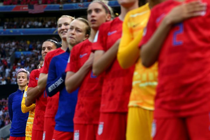 Rapinoe, who began kneeling during the national anthem in 2016, has continued her protest at the World Cup by standing silently through "The Star-Spangled Banner."