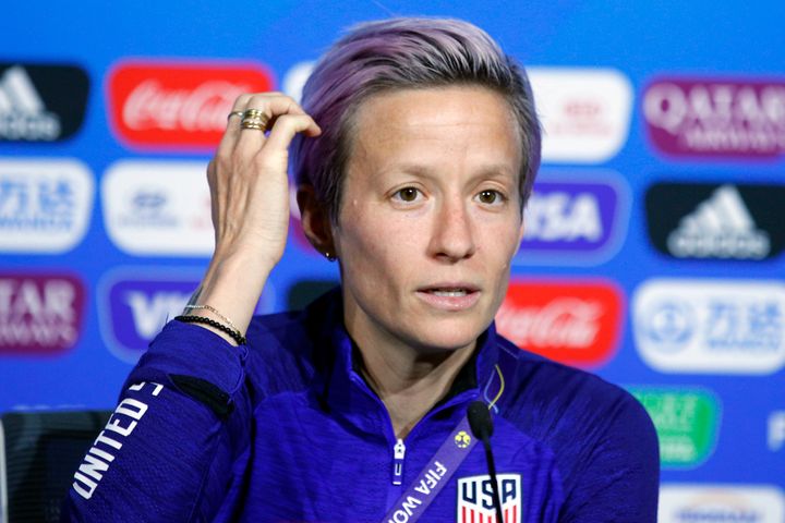 Megan Rapinoe speaks to reporters at a press conference near Lyon, France, on July 6.