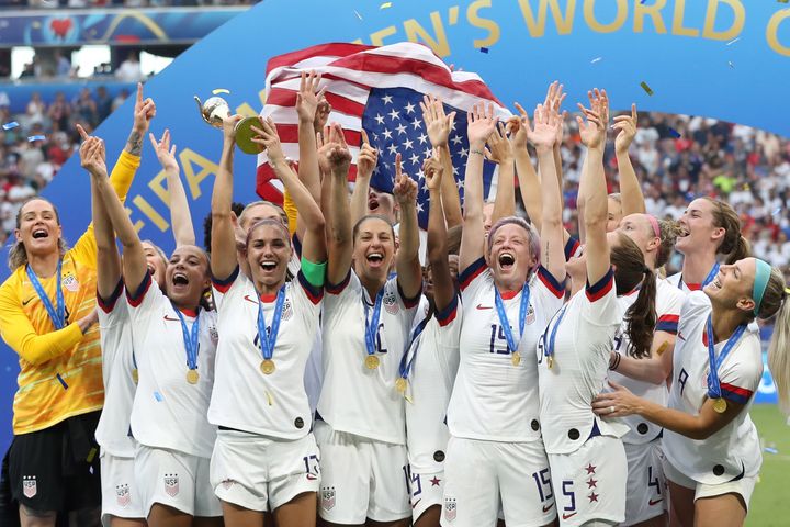 Players of the United States celebrate during the awarding ceremony of the 2019 FIFA Women's World Cup at Stade de Lyon in Lyon, France.