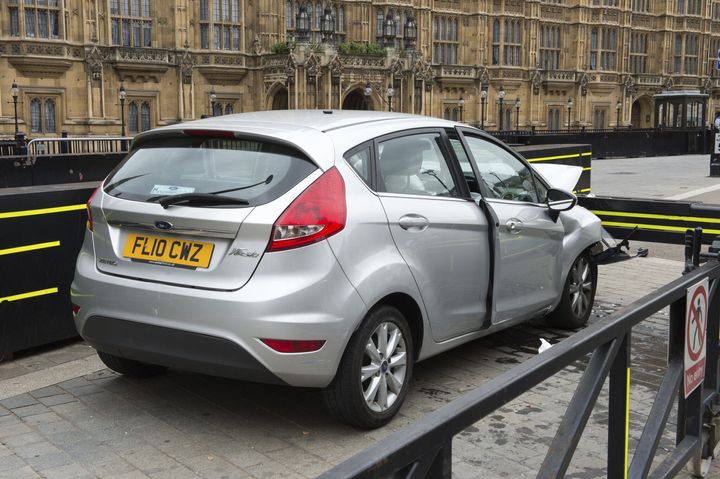 A silver Ford Fiesta after it crashed outside the Houses of Parliament in a suspected terror attack last year