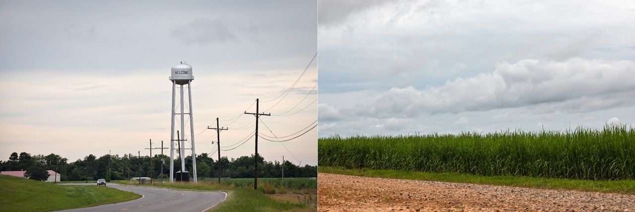 LEFT: Water tower in Welcome, Louisiana near the site of Formosa's planned petrochemical complex. RIGHT: The site of the planned Formosa plant in St. James Parish. 