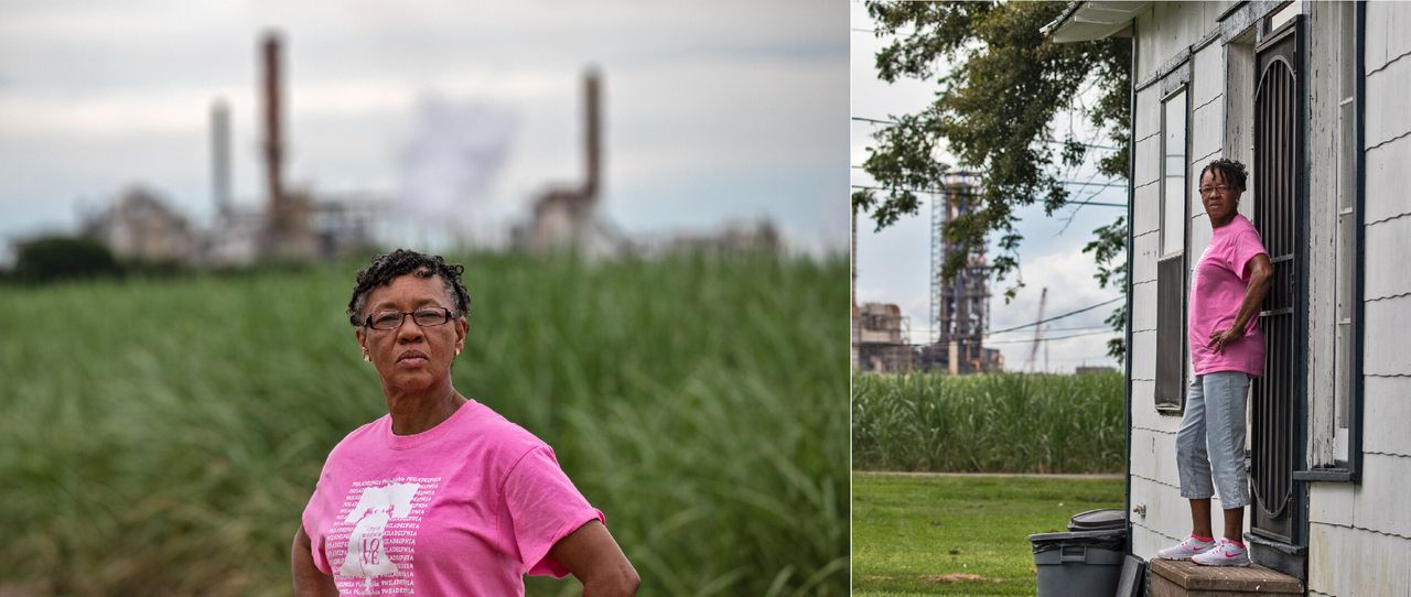 LEFT: Barbara Washington in front of a sugar cane field next to Mosaic's chemical plant in Convent, Louisiana. RIGHT: Barbara Washington at her home next to a Nucor facility in Convent, Louisiana.