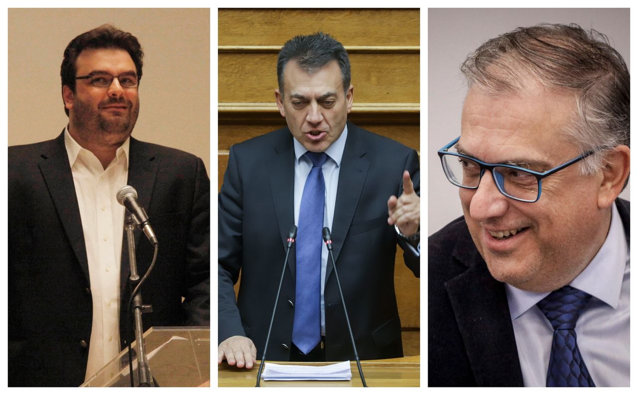 Ο υπουργός Επικρατείας, Κυριάκος Πιερρακάκης, ο υπουργός Εργασίας, Νίκος Βρούτσης και ο υπουργός Εσωτερικών, Τάκης Θεοδωρικάκος.