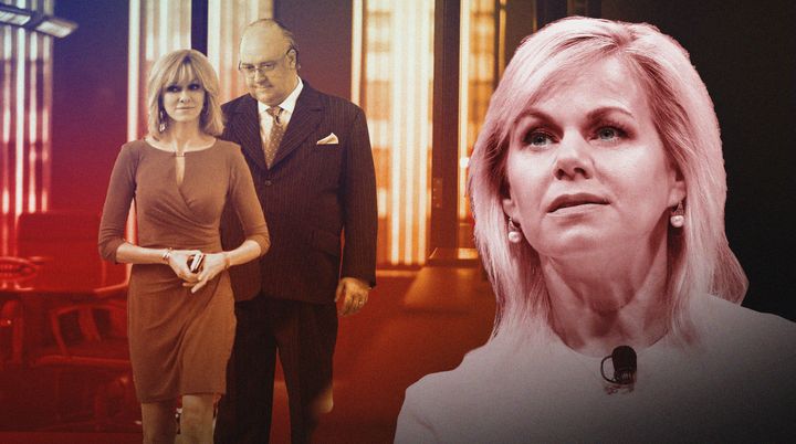 Naomi Watts as Gretchen Carlson and Russell Crowe as Roger Ailes in "The Loudest Voice" ― and the real Gretchen Carlson.