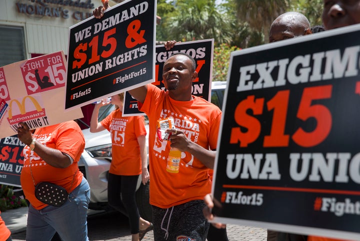 After pursuing more moderate minimum wage increases for years, Democrats have gradually rallied around $15 as their number, b