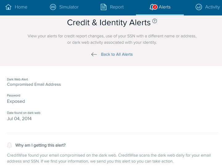Capital One's free credit monitoring service alerts users that their password was exposed on the dark web.