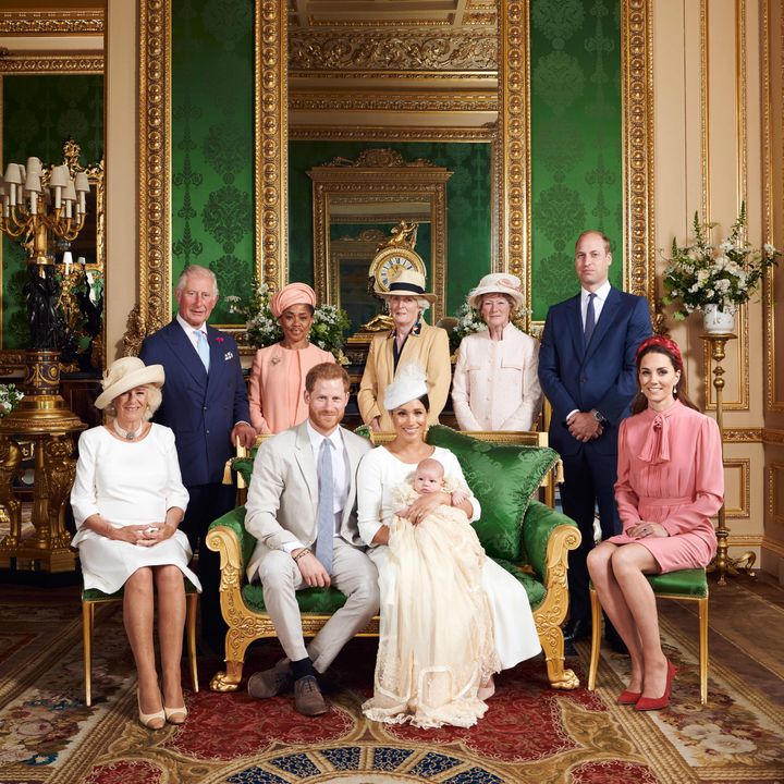 The family gathered for a group photo at Archie’s christening in the Green Drawing Room at Windsor Castle on July 6.