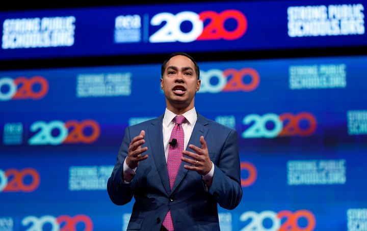 Democratic presidential candidate and former Housing Secretary Julian Castro speaks at a National Education Association forum on Friday in Houston.